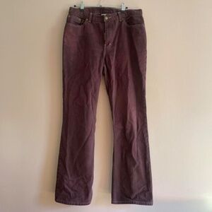 Brown low-rise flare jeans.